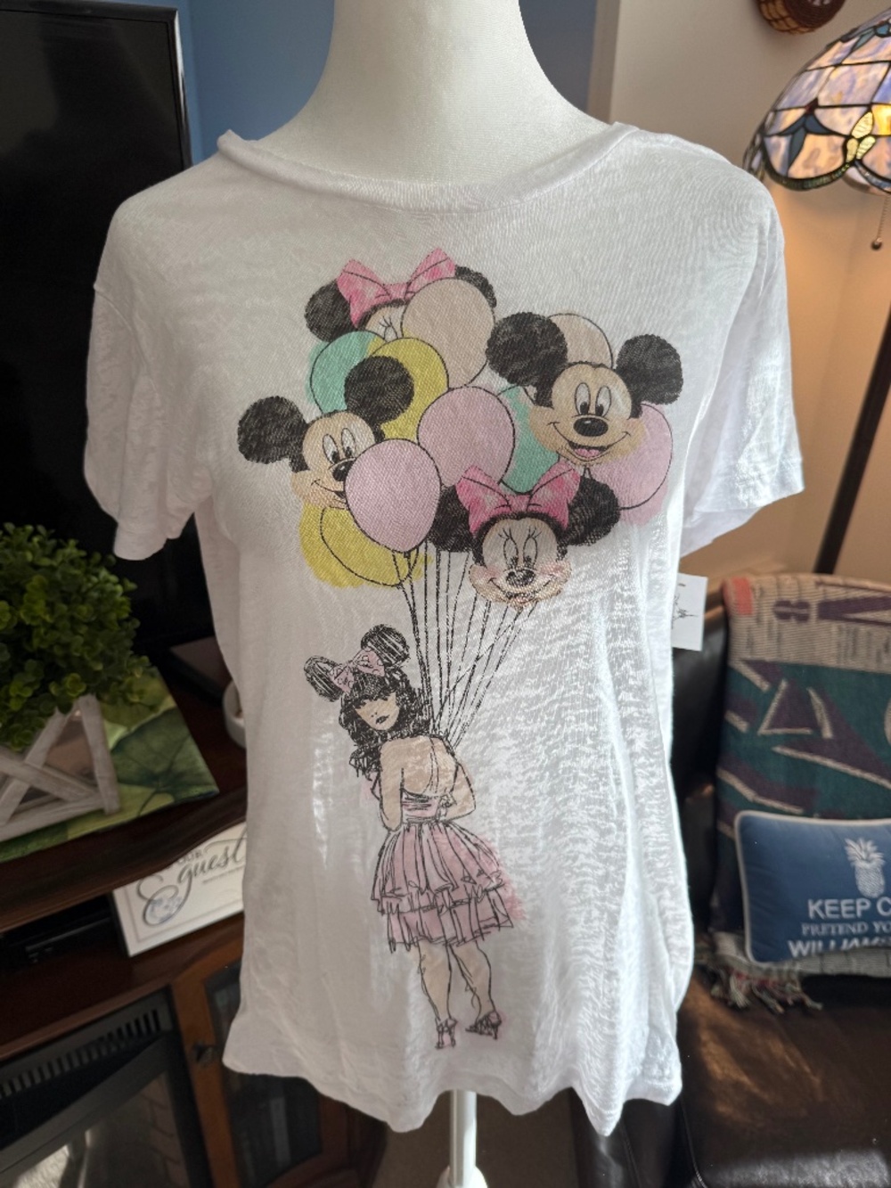 Disney Parks Girl & Mickey Balloons White Burnout Short Sleeve T-Shirt Women's L